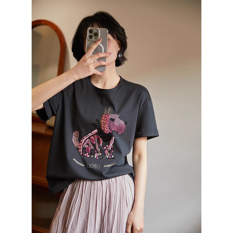 Sweet cool adorable | heavy industry embroidery liquid short sleeve T-shirt loose top women's spring new dark gray other cotton figure