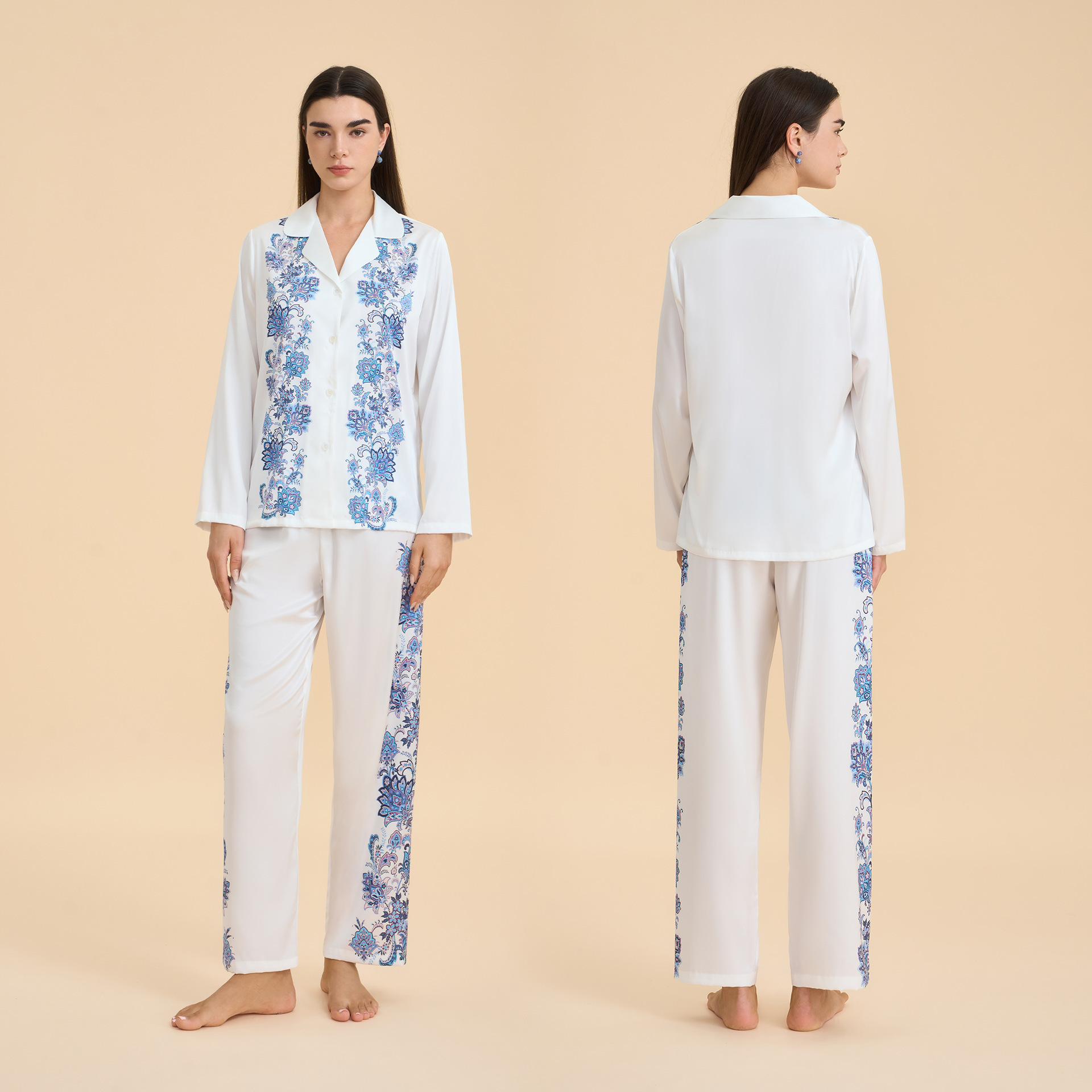 Conjunto de Pijama de Satén para Mujer TZ3999 de Chifón con Estampado y Cuello Solapa para Casa y Exterior