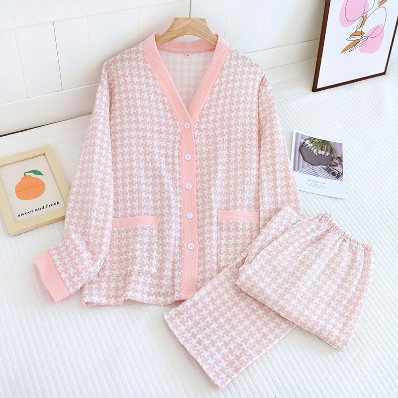 LYZピンク千鳥格子-クレープVネックセット