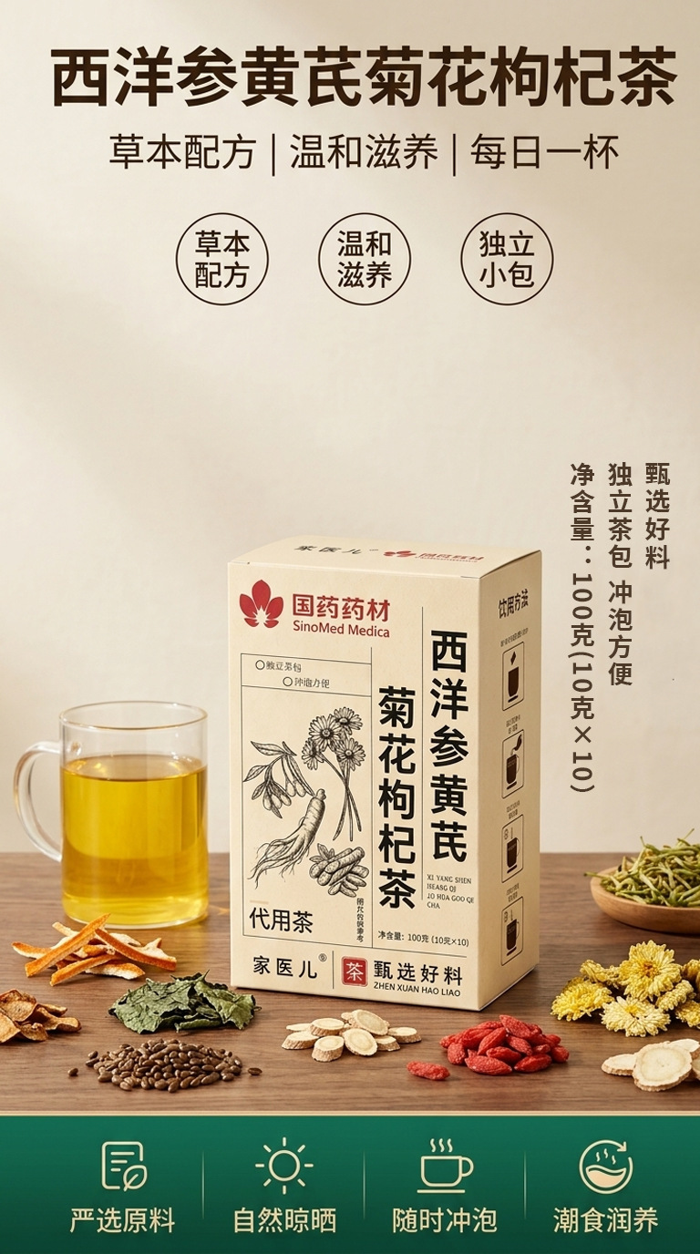 American Ginseng Astragalus Chrysanthemum Goji Cassia Herbal Tea 100g 10 Teabags key features