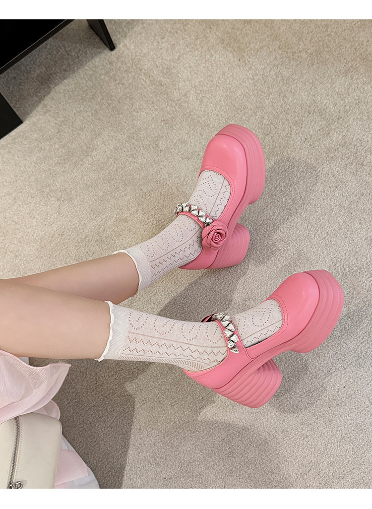 Giày sandal cao gót nữ quai ngang đế dày gót 9 cm đính hoa pha lê — màu đen, màu hồng, màu trắng ngà chi tiết 14