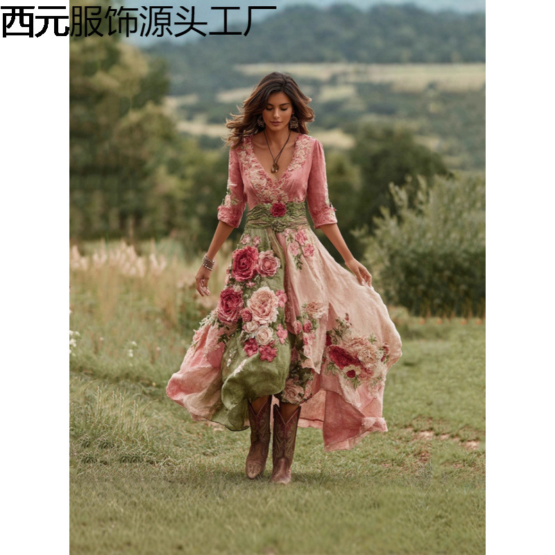 Cross-Border European and American New 3D Printed Plant Flower Retro Elegant V-Neck Long Skirt Women's Clothing