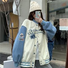 vintage棒球服女春秋季港风宽松夹克美式高街拼色撞色休闲上衣服