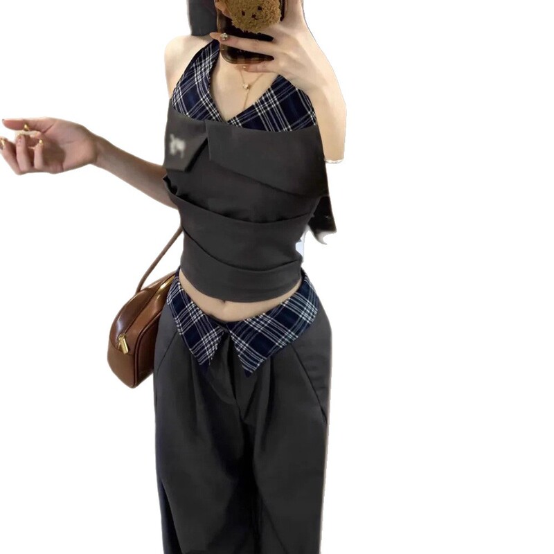 夏日绝美套装穿搭女夏季2025新款辣妹高级感挂脖背心阔腿裤两件套|undefined