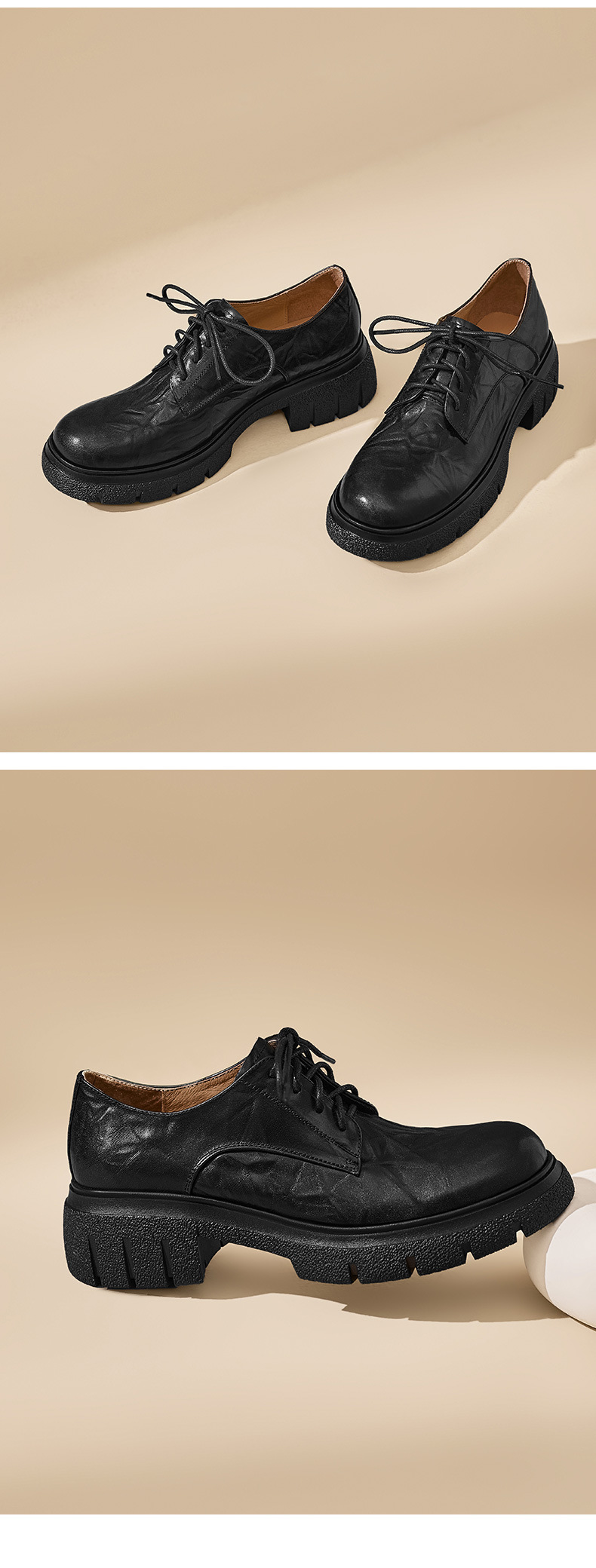 Giày nữ đế xuồng platform da bò đánh bóng phong cách vintage, gót 4 cm — màu nâu chi tiết 13