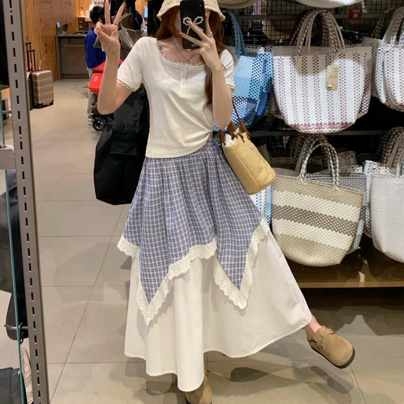 Blue Plaid Double-Layered Irregular Ruffle Skirt for Women, Summer 2026 New Style, Large Hem A-Line Mid-Length Skirt