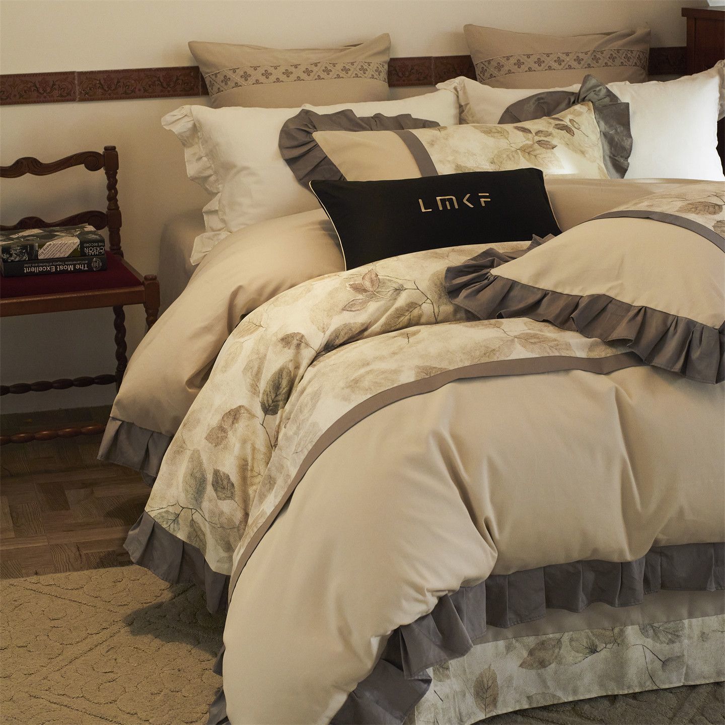 Nordic French Vintage Boho French Vintage Style Autumn And Winter All-cotton Brushed Four-piece Set, Pure Cotton Lace Duvet Cover, Fitted Sheet,_voghion.com