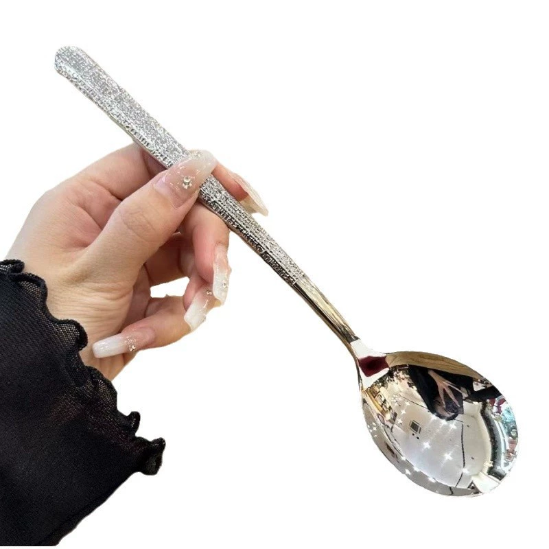Light luxury long handle hammer pattern spoon household adult stainless steel western food spoon main meal eating spoon spoon dessert spoon dessert spoon