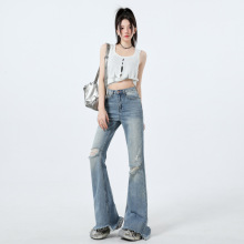 铭海乞丐破洞牛仔裤女春夏季新款高腰显瘦毛边喇叭裤女直筒拖地裤