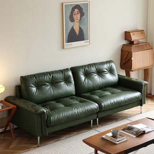 Nordic Living Room Small Apartment Sofa Italian Retro Style Genuine Leather Straight Row Double Mid-Century Style Home