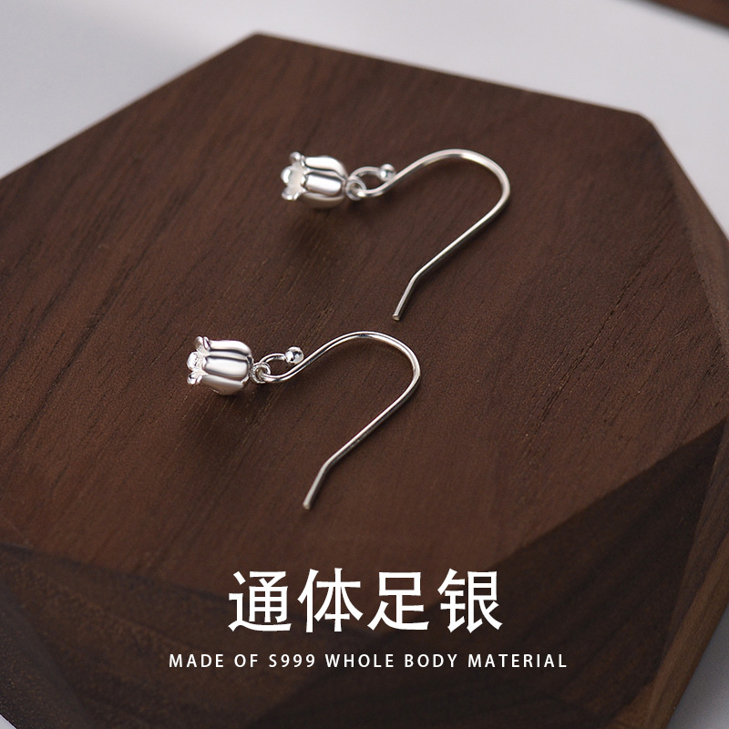 S999耳釘女純銀小眾設計感2023年新款潮鈴蘭花朵耳勾耳環耳飾夏季