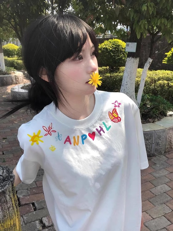 美式高街手绘涂鸦黑色短袖t恤女夏2025新款爆款小众宽松半袖上衣|undefined