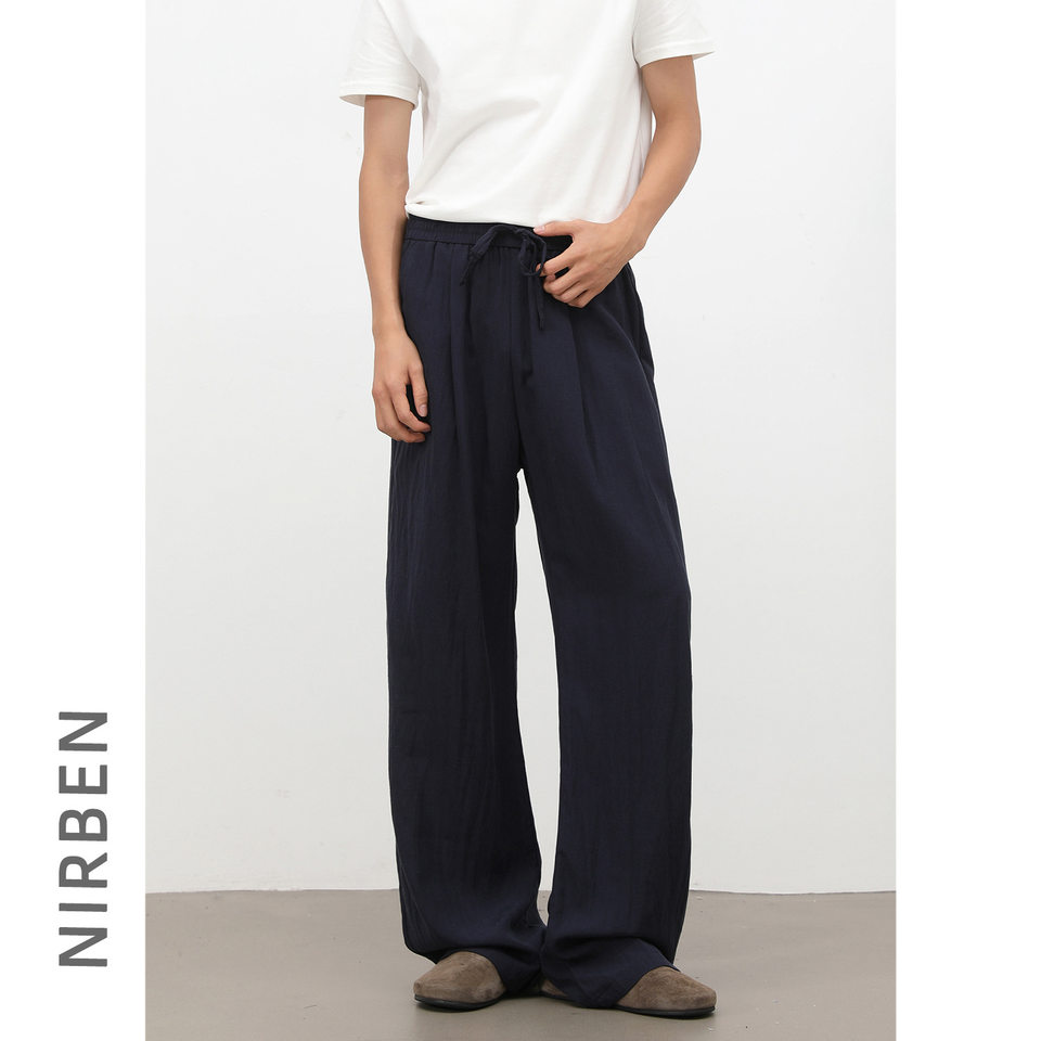 Quần casual nam vải Lyocell pha lanh dây rút, dáng rộng ống suông, mỏng nhẹ — Màu kaki, Màu xanh tím than