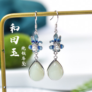 Natural Hetian Jade Earrings True Jade Silver Antique Fashion National Fashion High-end Sterling Silver New High-end Enamel Color Flower Pearl