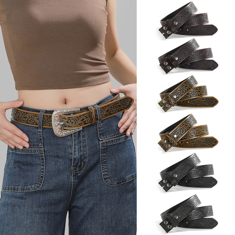 American Western Cowboy Leather Belt Retro Embossed Waistband Plate Buckle Pu Leather Belt Punk Style Men's Trouser Belt