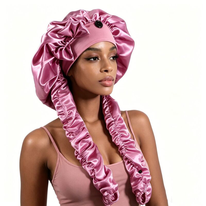 Cross-Border Popular Item: Women's Long Hair Pleated Sleep Cap with Satin Bow, Adjustable Long Tube Hat for Dreadlocks, in Stock