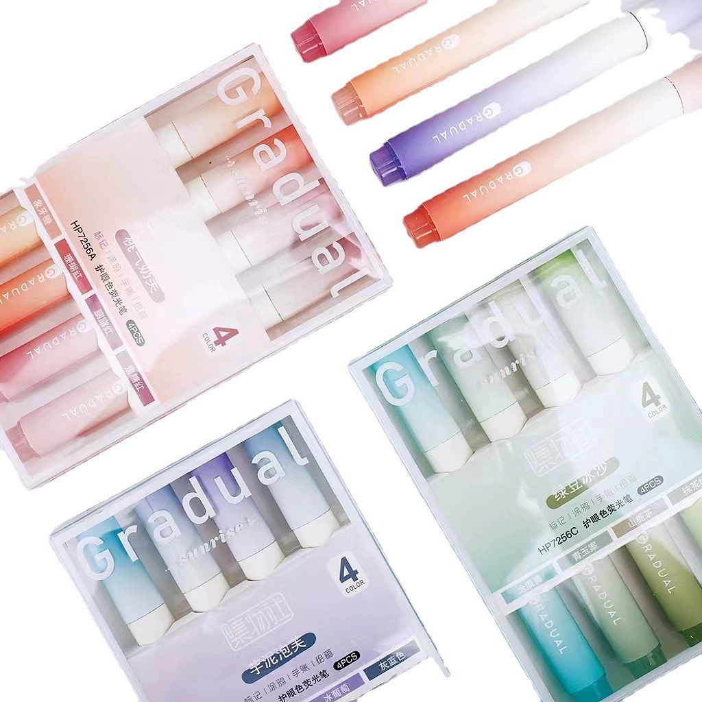 Fluorescent marker set, pastel 4-color, capacious design with eye-protection ink