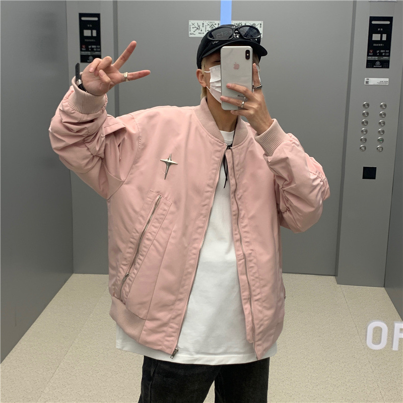 American Retro High-end Fashionable Pink Baseball Suit Jacket Men's Spring and Autumn Fashion Brand Vertical Collar Aviator Jacket Top