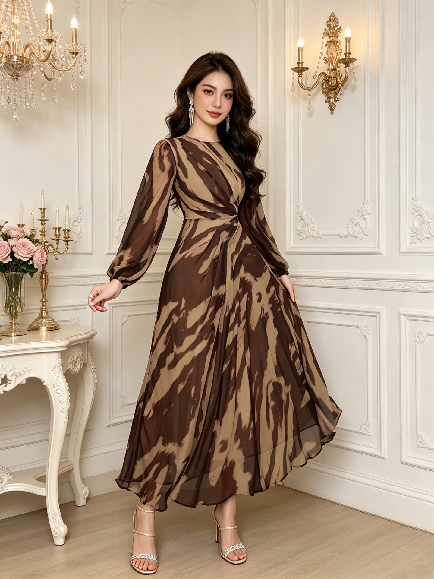 Đầm maxi nữ thắt eo cổ tròn thiết kế xếp li họa tiết in hoa — nâu đỏ