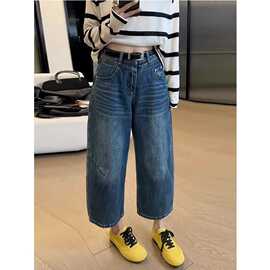 复古牛仔裤女新款梨形身材大码胖mm宽松小个子高腰九分弯刀阔腿裤