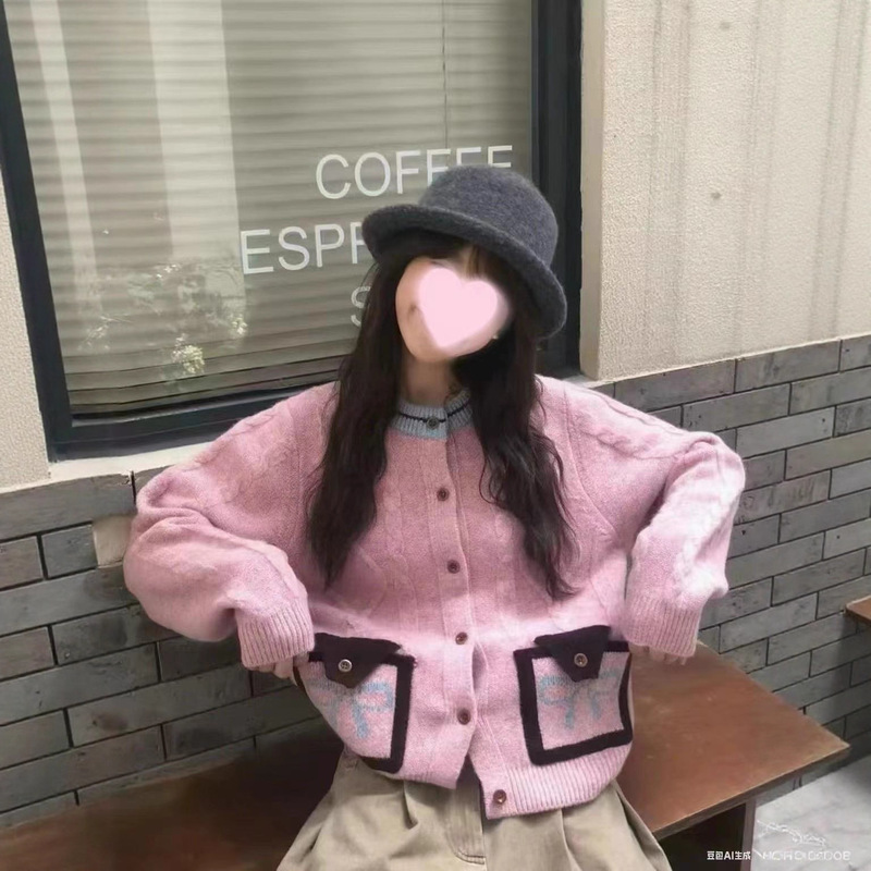 2025秋冬新款韩版甜美撞色口袋宽松慵懒风圆领针织开衫毛衣女|undefined