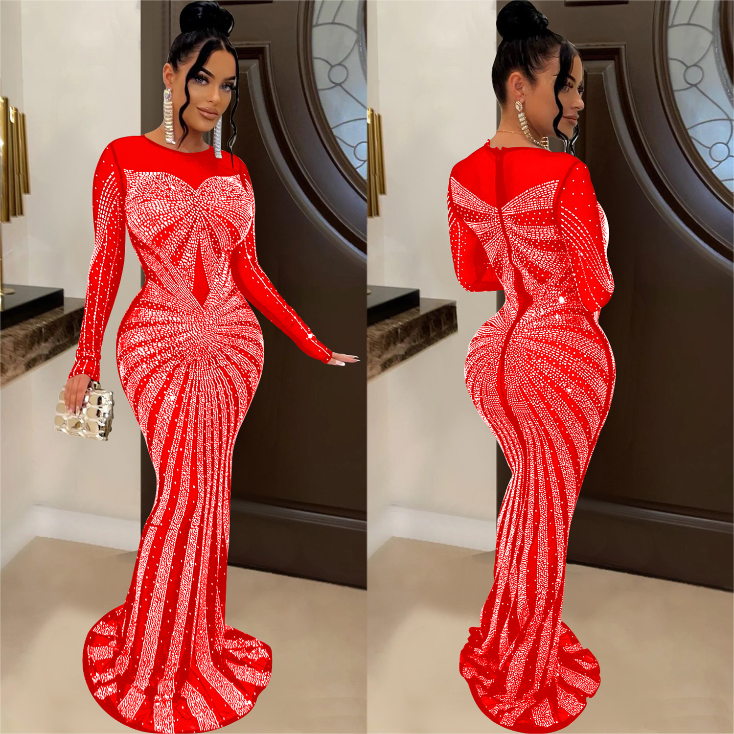 C6198 AliExpress Amazon europeo y americano de la moda de las mujeres de color sólido malla ver a través de rhinestone vestido de manga larga image 5