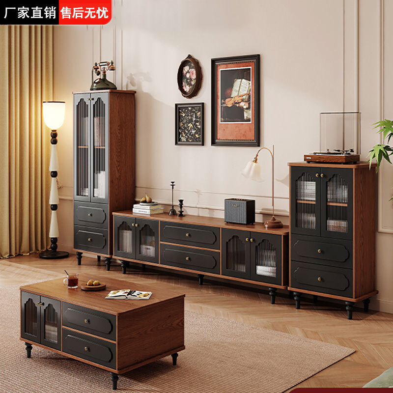 Solid Wood Retro Tv Cabinet Living Room Home Floor-Standing Storage Cabinet Small Apartment Side Cabinet French Tv Cabinet Coffee Table Combination