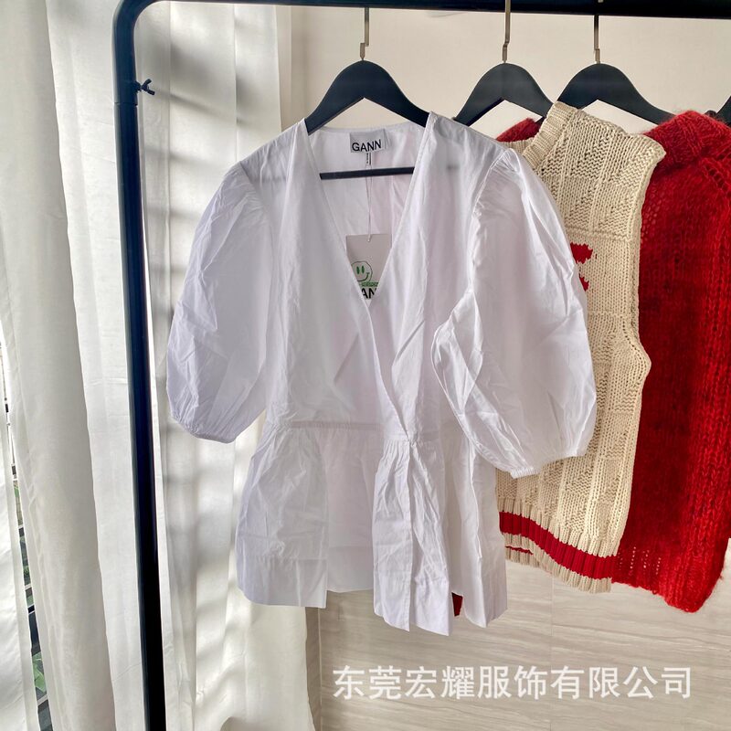 Spot 2024 Summer New Style Swedish Niche Puff Sleeve French V-Neck Wrap Cotton Poplin Shirt for Women