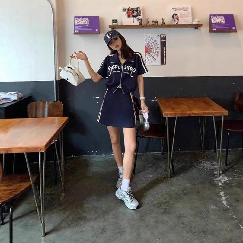 Summer Korean Style Slimming Zipper Stand Collar Top Half Skirt Two-Piece Set Fashionable Casual Sports Style Suit for Women