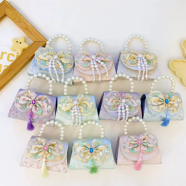 Cute Pearl Bow Children's Bag, New Antique Tassel Handbag, Stylish Colorful Diamond Shoulder Bag