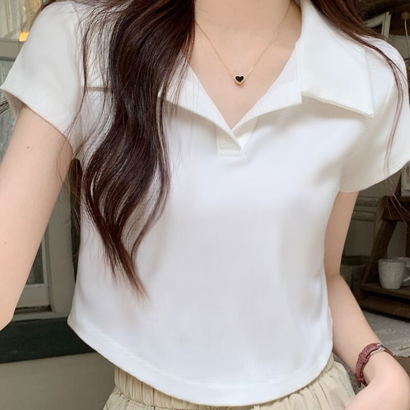 Polo Collar T-Shirt for Women, Short-Sleeved, Unique Design, Pure Desire Style, Slim Fit, Summer Short Chic Top, Trendy Ins Polo Collar T-Shirt for Women, Short-Sleeved, Unique Design, Pure Desire Style, Slim Fit, Summer Short Chic Top, Trendy Ins