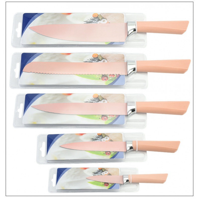 Punto de fábrica venta directa de acero inoxidable mango en forma de abanico cuchillo multifunción de cocina juego de embalaje de tarjeta de succión de doble cara