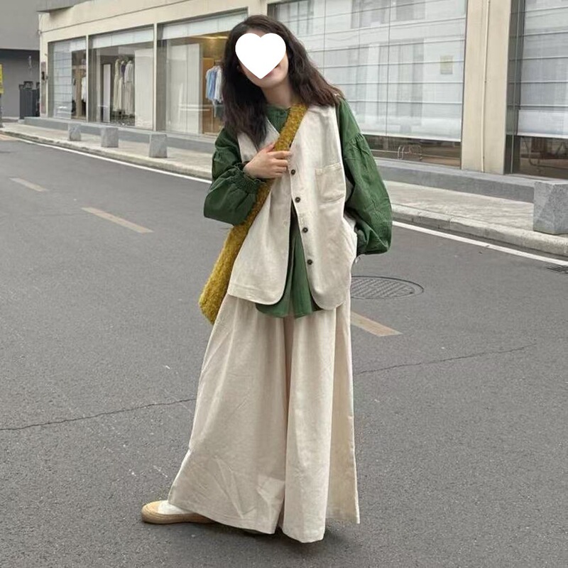 三件套大码女装胖mm春韩版宽松显瘦气质减龄棉麻衬衫+马甲+裤子|undefined