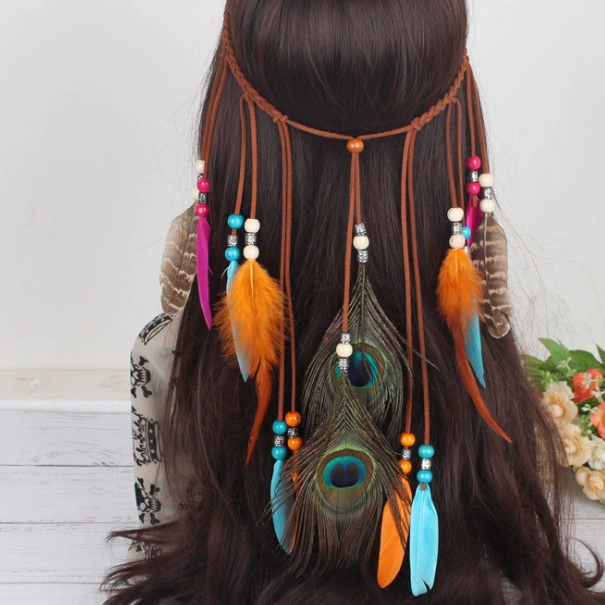 Индийские разноцветные перьевые украшения для волос, головной убор из павлиньих перьев, для пляжной фотосессии, богемная повязка на голову из перьев
