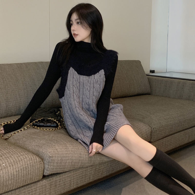 싱글 | 세트 겨울 바느질 느슨한 니트 슬링 원피스 터틀넥 슬림 핏 슬리밍 니트베이스 셔츠 탑