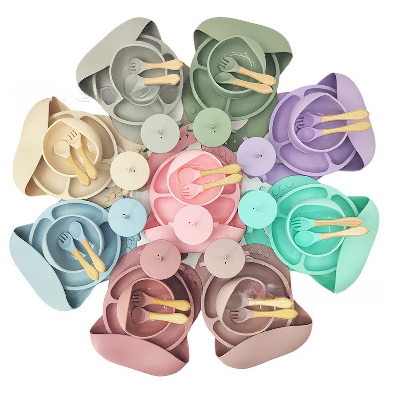 Amazon bebé vajilla de silicona alimentación 6 piezas traje de comida complementaria comer babero lechón tazón tenedor cuchara vajilla de silicona