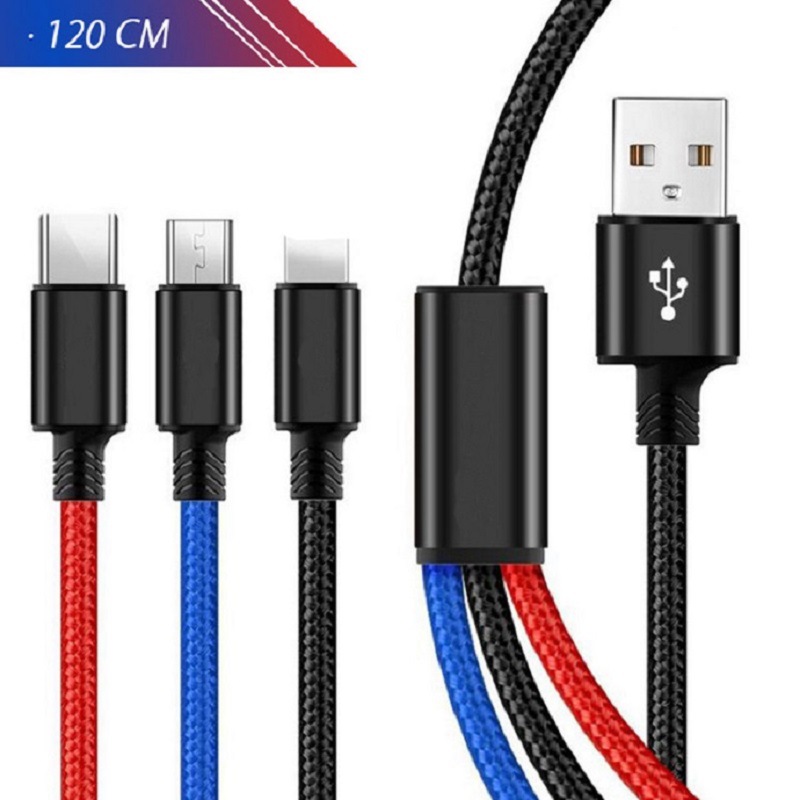 Braided one-to-three data cable for Apple Android type-c phone three-in-one nylon fast charging wire