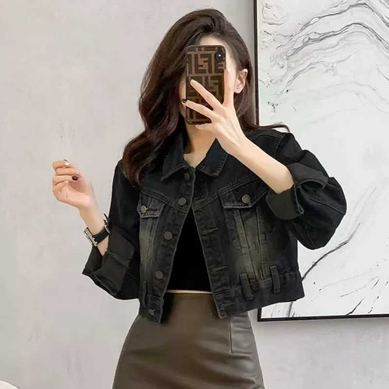 Short denim retro autumn jacket for leisure, oversize