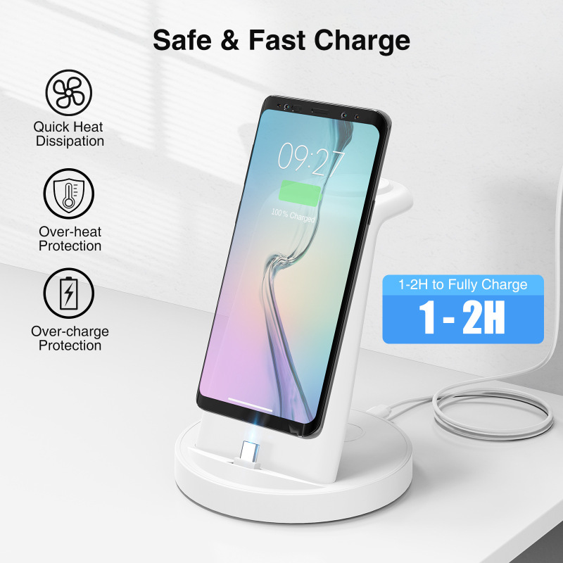 Suitable for Apple Samsung mobile phone headset wireless charging bracket three-in-one desktop vertical fast charging wireless charging base Suitable for Apple Samsung mobile phone headset wireless charging bracket three-in-one desktop vertical fast charging wireless charging base