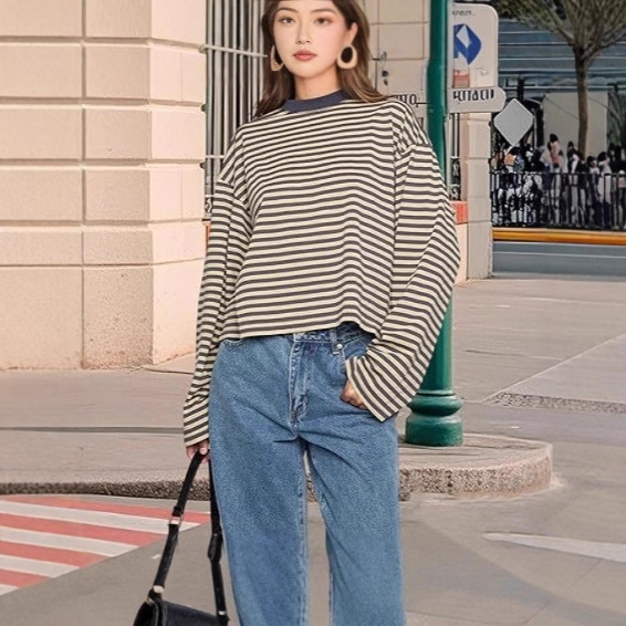 2025 Autumn Lazy and Relaxed European and American Style Casual Loose Easiest for Match Retro Contrast Color Striped Long Sleeve T-Shirt Top 2025 Autumn Lazy and Relaxed European and American Style Casual Loose Easiest for Match Retro Contrast Color Striped Long Sleeve T-Shirt Top