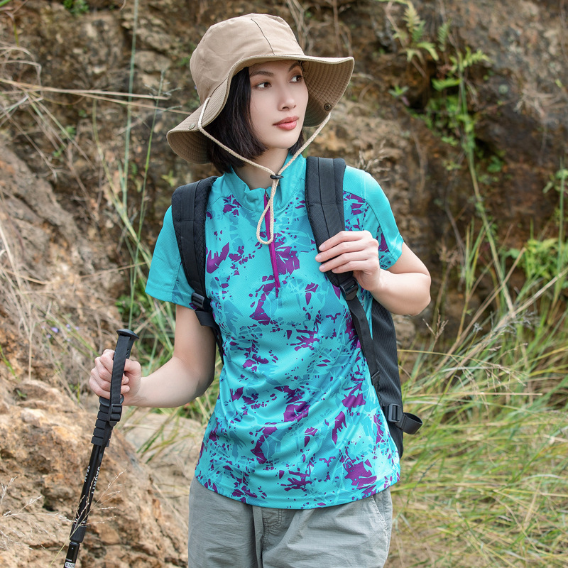 Verano al aire libre ropa de secado rápido mujer correr deportes secado rápido camiseta camuflada absorción de sudor transpirable cuello vertical manga corta caminata image 4