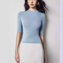 蓝色半高领针织衫女春夏新款显瘦修身内搭打底衫短袖上衣