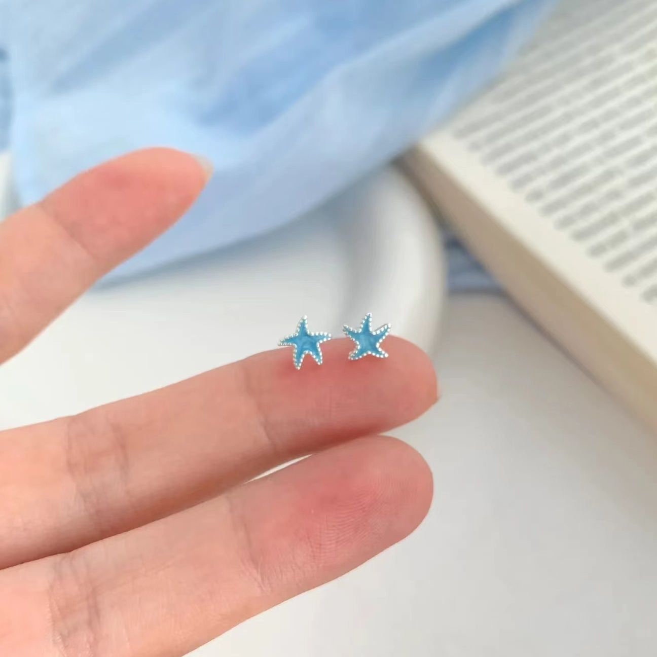 蓝色海星耳钉女养耳洞迷你星星耳环夏天ins小众高级感耳饰