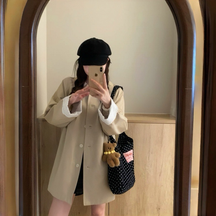 长岛恋人 袖口花边拼接中长款风衣外套女秋韩系翻领大衣|undefined