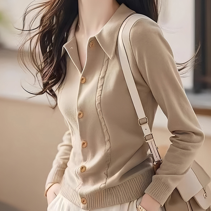 卡其色复古翻领针织开衫女2025秋冬季新款小众设计感独特修身上衣|undefined