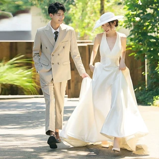 法式轻婚纱新娘气质简约V领赫本风缎面迎宾出门纱迎宾礼服裙批发