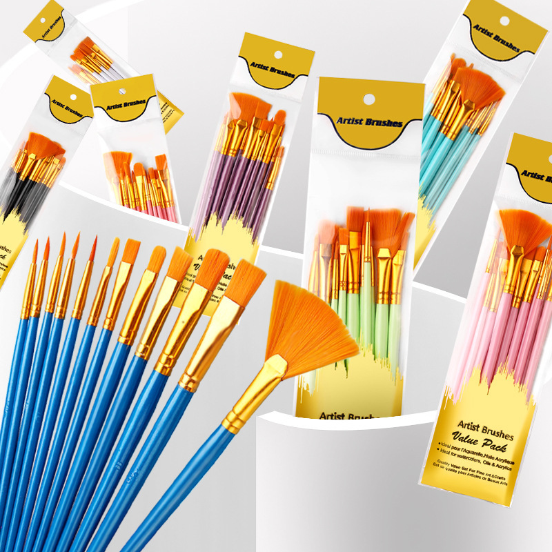 Sınır Ötesi Amazon 12'li/13'li/15'li Fırça Seti Plastik Gövde Naylon Kıl Su Rengi Akrilik Fırça Çizgi Çizme