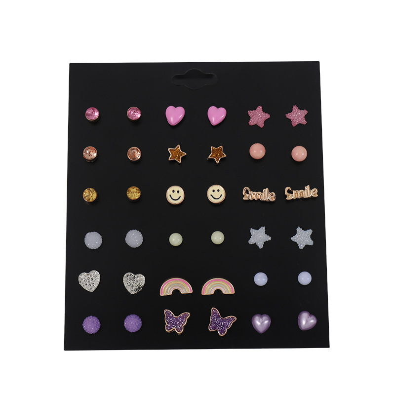 Cute Pentagram Rainbow Smiley Face Alloy Resin Plating Inlay Rhinestones Ear Studs 1 Set