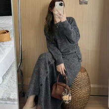 韩国时尚套装侧边系扣软糯针织毛衣女2025秋冬新款高腰显瘦A字半