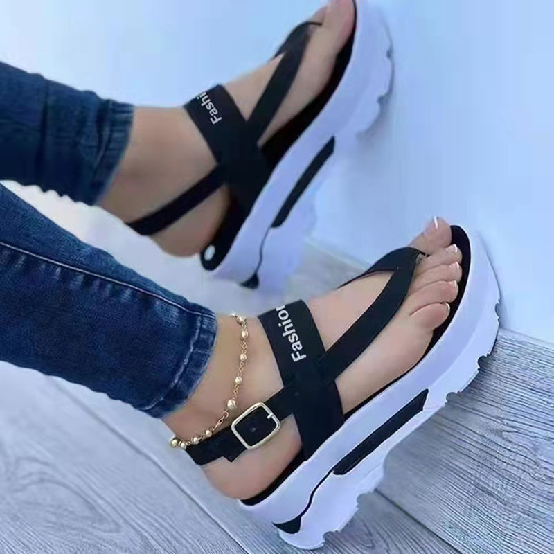 Plus Size Women Thick Bottom Wedge Popular One Strap Round Toe Solid Color Casual Female Sandals_voghion.com